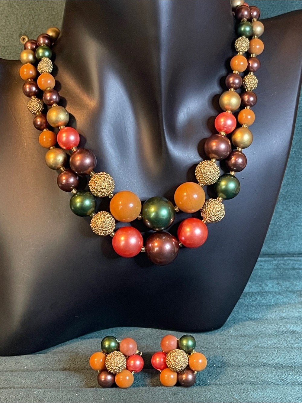 1960’s Japan Multi-Colored Double-Strand Beaded Necklace & Clip-On Earring Set